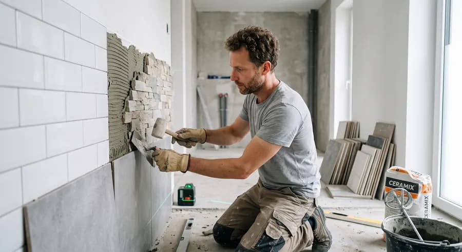 Artisan posant du carrelage mural et au sol dans une pièce rénovée