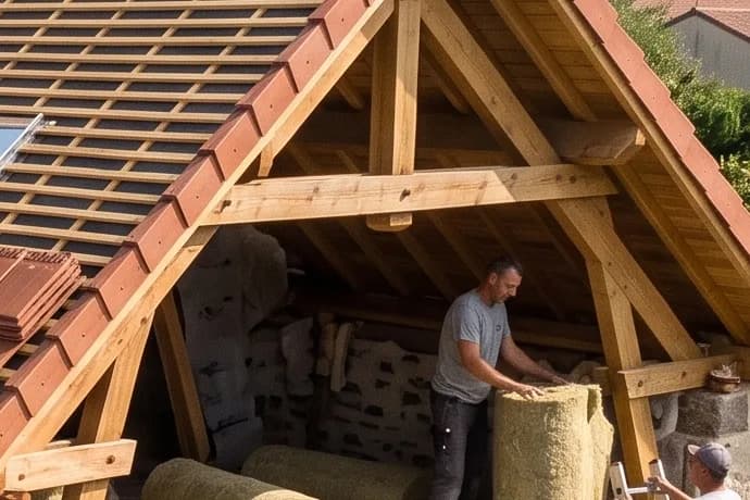Charpente bois traditionnelle apparente d'une toiture en cours de réfection
