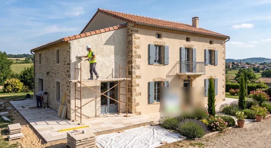 Ravalement de façade d'une maison en pierre : enduit appliqué depuis un échafaudage